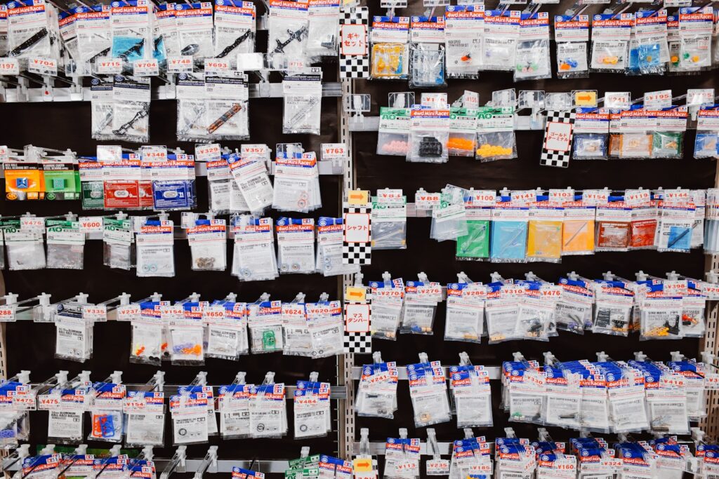 Shelves filled with small packaged goods.