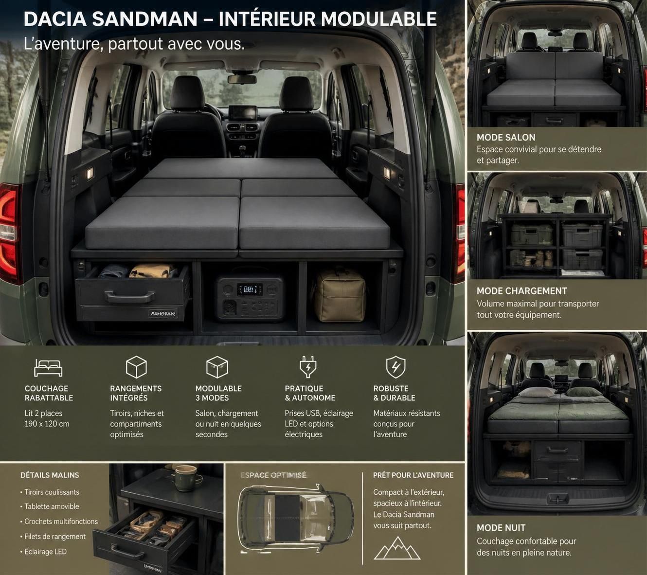 découvrez le dacia sandman, un véhicule au design modulable, idéal pour les aventuriers en quête de liberté et de confort. profitez d’un intérieur flexible qui s’adapte à tous vos besoins d’exploration.
