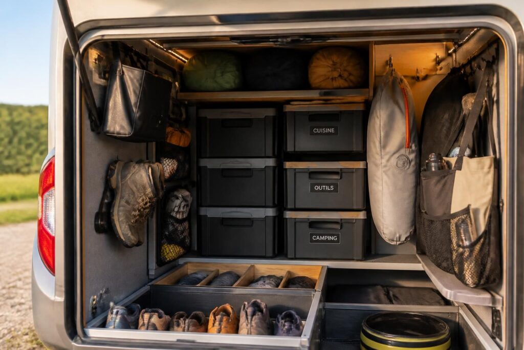 découvrez notre kit d'aménagement pour la soute de votre camping-car, conçu pour optimiser l'espace et voyager léger tout en restant parfaitement organisé.